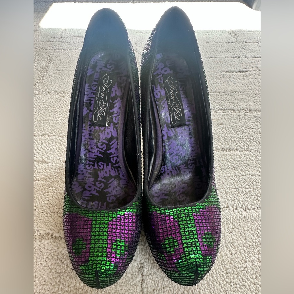 Iron Fist Purple & Green Sequin Skull Heels